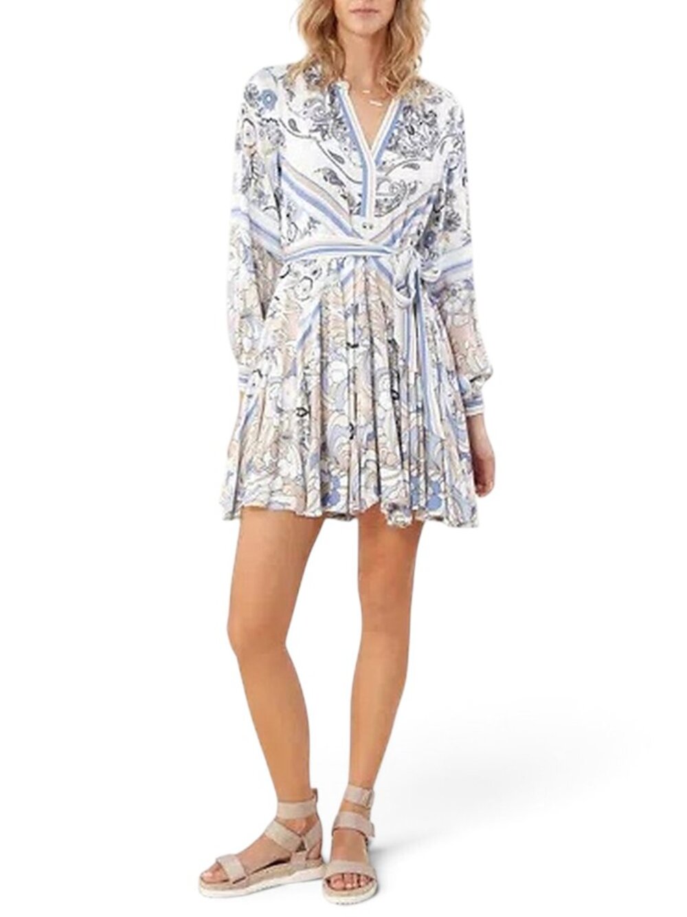 Hale Bob Verena Ivory Blue Multi Color Belted Full Skirt Mini Dress NWT New S